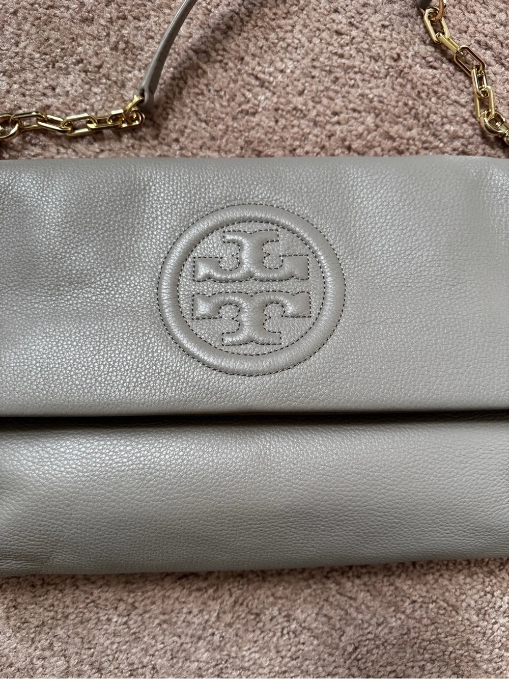 Tory Burch Bombe Foldover Leather Crossbody French Grey